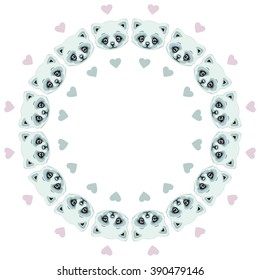 Beautiful round frame with a cat and heart, pink and mint pastel color. Apply for congratulations, holiday, birthday, invitation, March 8, mother  day, women's day, valentine's day.
