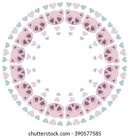 Beautiful round frame with a cat and heart, pink and mint pastel color. Apply for congratulations, holiday, birthday, invitation, March 8, mother  day, women's day, valentine's day.