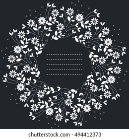 Beautiful round frame with chamomile flowers and leaves isolated on blue background can be used for greeting card, baby shower invitation, cover and more designs.