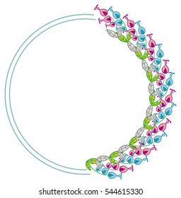 Beautiful round frame with decorative flowers. Design element for advertisements, flyer, web, wedding, invitations and greeting cards. Vector clip art.