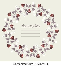 Beautiful round frame with decorative strawberries and flowers can be used for greeting card, invitation, cover and more designs.