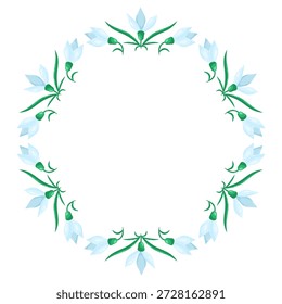 Belo quadro redondo de delicadas flores de queda de neve. Coroa de primavera natural. Ilustração isolada de vetor.