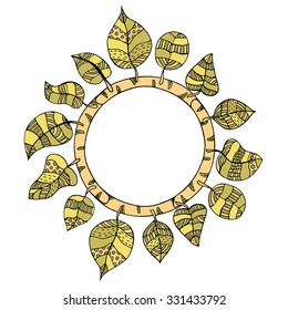 Beautiful round frame of doodle leaves. Vector illustration
