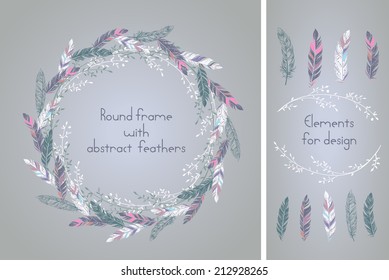 Beautiful round frame with feathers and some floral elements. Abstract ethnic design.