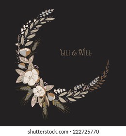 Beautiful round frame with floral elements. Frame with flowers and leaves.  Gentle, soft colors. 