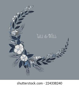 Beautiful round frame with floral elements. Frame with flowers and leaves.  Gentle, soft colors. 