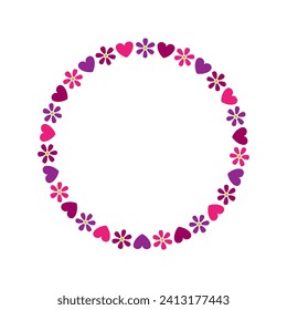 Beautiful round frame of flowers and hearts. Colored silhouette. Front view. Vector simple flat graphic illustration. Isolated object on a white background. Isolate.