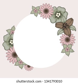 Beautiful round frame with flowers on pink background