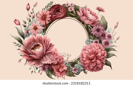Beautiful round frame of flowers. Frame of flowers on a pale pink background. Vector illustration