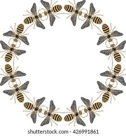 
Beautiful round frame of flying bees, dragonflies, shiny gold and black print with precious rhinestones, embroidery and jewelry.
