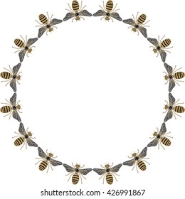 
Beautiful round frame of flying bees, dragonflies, shiny gold and black print with precious rhinestones, embroidery and jewelry.
