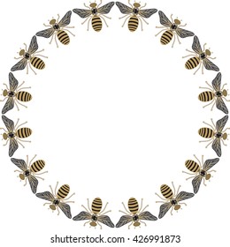 
Beautiful round frame of flying bees, dragonflies, shiny gold and black print with precious rhinestones, embroidery and jewelry.
