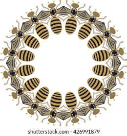 
Beautiful round frame of flying bees, dragonflies, shiny gold and black print with precious rhinestones, embroidery and jewelry.
