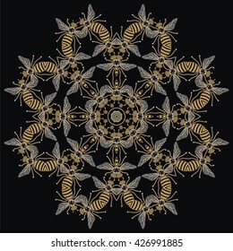 
Beautiful round frame of flying bees, dragonflies, shiny gold and black print with precious rhinestones, embroidery and jewelry.
