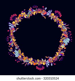 Beautiful round frame. Hand drawn circle of autumn leaves, berries and fruits. bright cute frame for your design. each element isolated from another