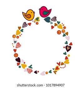 Beautiful round frame with lovely enamored birds. Vector cartoon drawing for children.