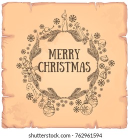 Beautiful round frame made of fir branches with Christmas decorations for Christmas and New Year greeting cards, invitations and other items.