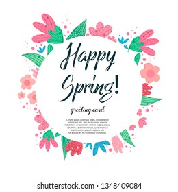 Beautiful round frame with nice text for spring greetings and Easter celebrations. Happy Spring!