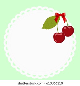 beautiful round frame with a pair of cherries on a green background. template for photo frame or greeting cards. vector illustration