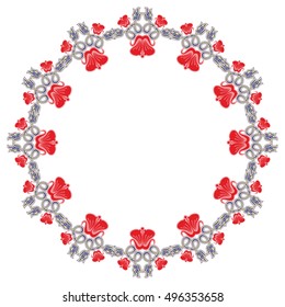 Beautiful round frame with red  and blue decorative flowers. Design element for banners, labels, greeting cards and wedding invitations. Copy space. Vector clip art.