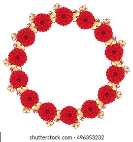 Beautiful round frame with red decorative flowers. Design element for banners, labels, greeting cards and wedding invitations. Copy space. Vector clip art.