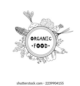 Beautiful round frame sticker made of linear hand drawn vegetables. Vector illustration for menu design and decoration EPS