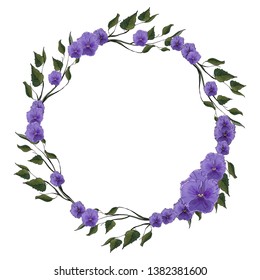 Beautiful round frame with violet and green leaves.