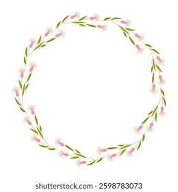 Beautiful round frame with wildflowers. Simple flat style. Bright illustration for card, invitation card for wedding, birthday and other holiday and cute spring background.Vector illustration.