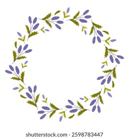 Beautiful round frame with wildflowers. Simple flat style. Bright illustration for card, invitation card for wedding, birthday and other holiday and cute spring background.Vector illustration.
