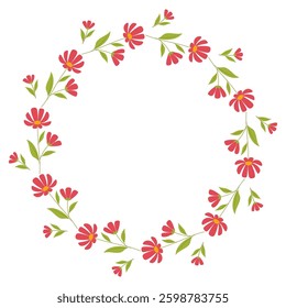 Beautiful round frame with wildflowers. Simple flat style. Bright illustration for card, invitation card for wedding, birthday and other holiday and cute spring background.Vector illustration.