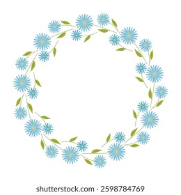 Beautiful round frame with wildflowers. Simple flat style. Bright illustration for card, invitation card for wedding, birthday and other holiday and cute spring background.Vector illustration.