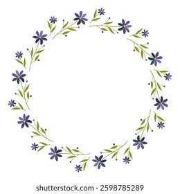Beautiful round frame with wildflowers. Simple flat style. Bright illustration for card, invitation card for wedding, birthday and other holiday and cute spring background.Vector illustration.
