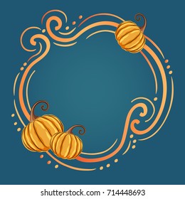 Beautiful round frame with yellow pumpkin and place for your text. Happy Halloween holiday concept. Vector illustration