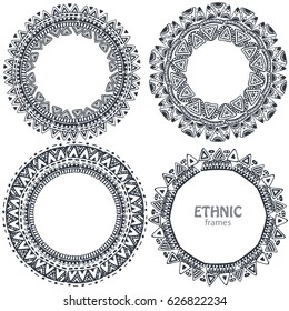 Beautiful round frames set with hand drawn ethnic elements. Tribal vector illustrations for design, greeting cards.