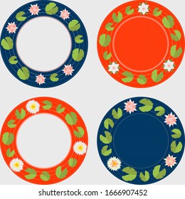 Beautiful round frames set with lotus flowers or water lily, green leaves. Nice asian style template for your text in green, pink, red and dark blue. Round form borders collection. Flat design.