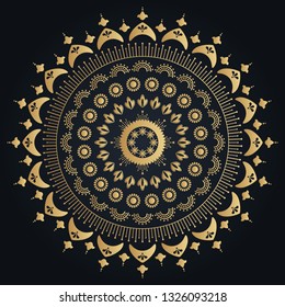Beautiful round golden flower mandala on black dark background. Vector boho ornamental illustration.