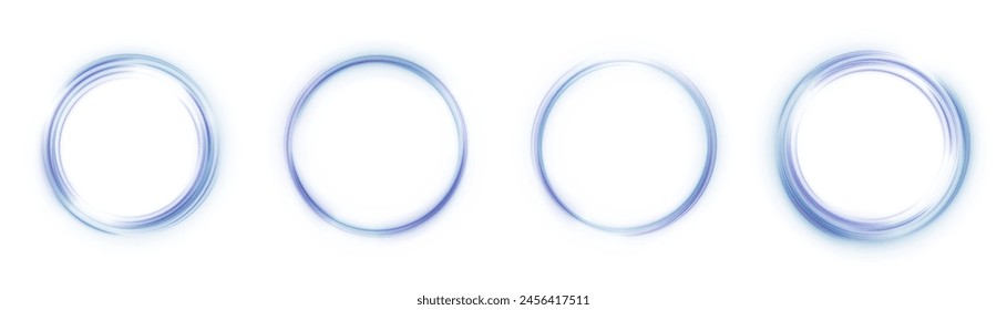 Hermoso marco de luz redonda. Líneas azules dinámicas con un efecto de resplandor sobre un fondo blanco. Efecto PNG. Hermoso marco redondo para diseño e ilustración. Vector