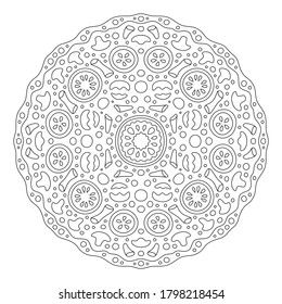 Beautiful round linear pattern for coloring book page with stylized pizza isolated on the white background