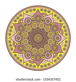 Beautiful round mandala with flower pattern in dusty rose and yellow colors. Vector design.