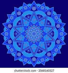 Beautiful round mandala on dark blue background. Colorful vector design.