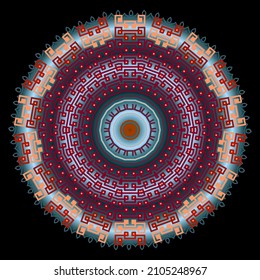 Beautiful round mandala pattern. Ornamental colorful background. Tribal ethnic style backdrop. Geometric fractal surface ornaments. Abstract radial shapes, circles, frames, borders, greek meanders.
