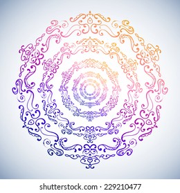 beautiful round ornament in rainbow gradient east style - frame lines, leaves and branches - vector illustration