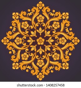 Beautiful round ornamental element for design in yellow orange colors. Vector illustration.