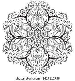 Beautiful round ornamental element for design in black and white colors. Vector illustration.