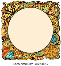 Beautiful round paper frame on leaves and flower. Vector illustration