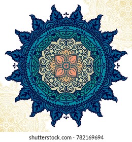 Beautiful round pattern in folkloric style, indian magical mandala, vector illustration