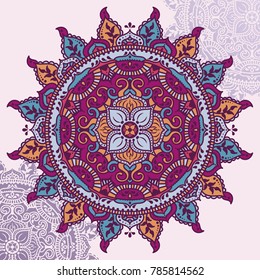 Beautiful round pattern in folkloric style, indian magical mandala, vector illustration
