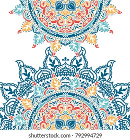 Beautiful round pattern in folkloric style, card with indian magical mandala, vector illustration