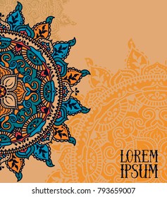 Beautiful round pattern in folkloric style, card with indian magical mandala, vector illustration