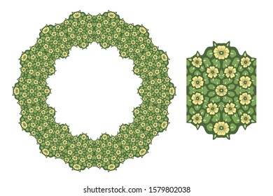 Beautiful round pattern and paint brush with decorative yellow flowers and green foliage iolated on the white background